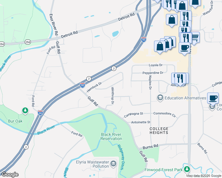 map of restaurants, bars, coffee shops, grocery stores, and more near 115 Huntington Circle in Elyria