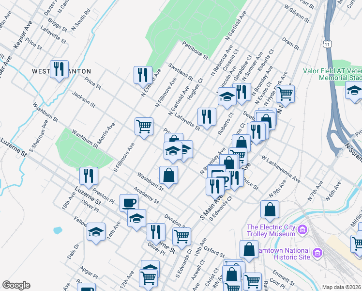 map of restaurants, bars, coffee shops, grocery stores, and more near 116 North Lincoln Avenue in Scranton