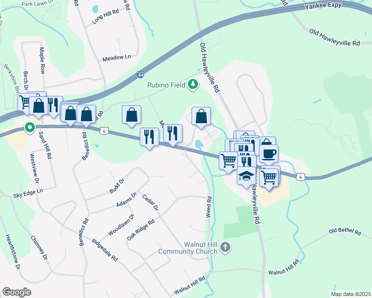 map of restaurants, bars, coffee shops, grocery stores, and more near 52 Weed Road in Bethel