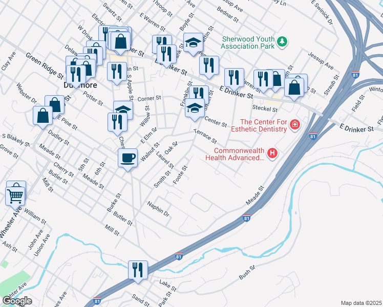 map of restaurants, bars, coffee shops, grocery stores, and more near 315 Foote Street in Dunmore