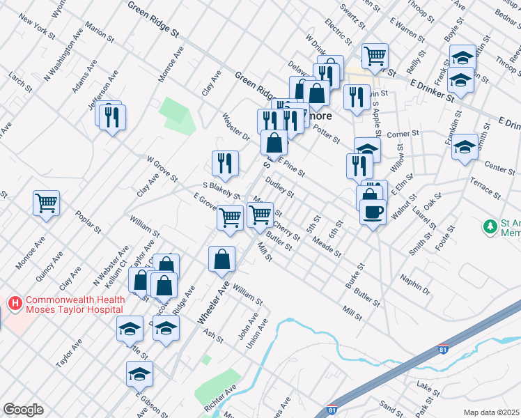 map of restaurants, bars, coffee shops, grocery stores, and more near in Dunmore