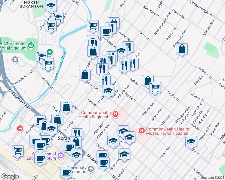 map of restaurants, bars, coffee shops, grocery stores, and more near 825-827 Adams Avenue in Scranton