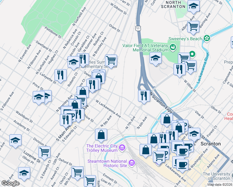 map of restaurants, bars, coffee shops, grocery stores, and more near 441 N 9th Ave in Scranton