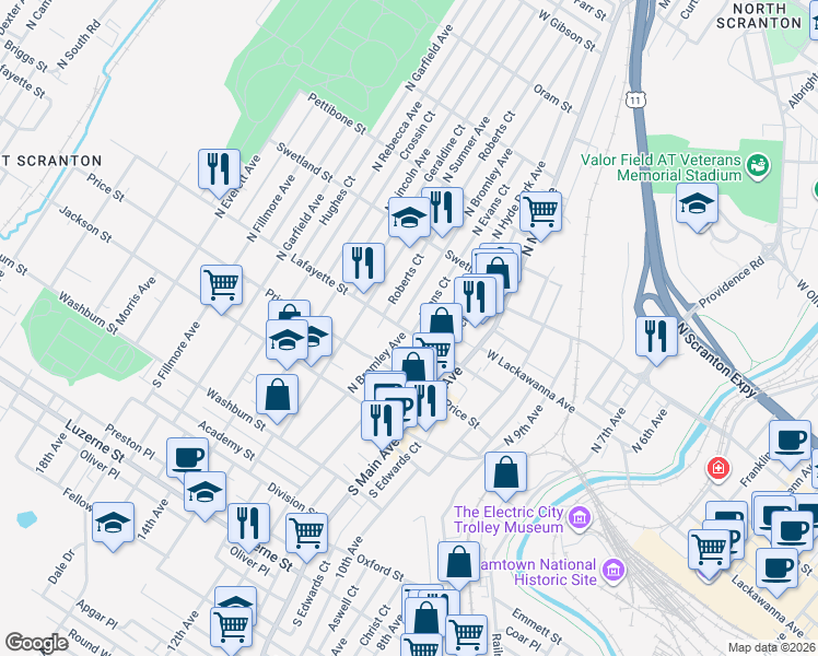 map of restaurants, bars, coffee shops, grocery stores, and more near 229 North Hyde Park Avenue in Scranton