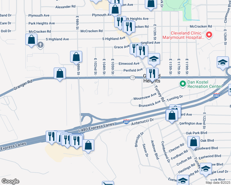 map of restaurants, bars, coffee shops, grocery stores, and more near 10697 Mountview Avenue in Garfield Heights