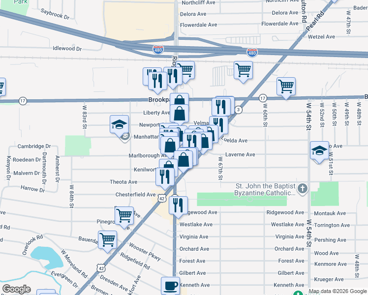 map of restaurants, bars, coffee shops, grocery stores, and more near 7106 Maysday Avenue in Parma