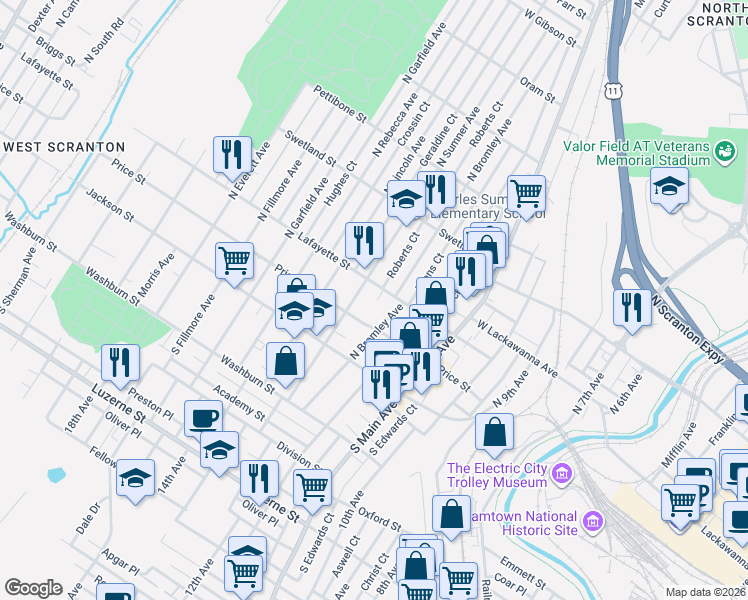 map of restaurants, bars, coffee shops, grocery stores, and more near 213 North Bromley Avenue in Scranton