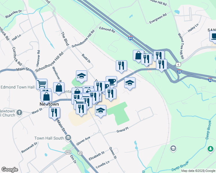 map of restaurants, bars, coffee shops, grocery stores, and more near 2 The Boulevard in Newtown
