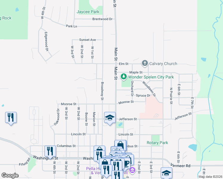 map of restaurants, bars, coffee shops, grocery stores, and more near 1323 Main Street in Pella