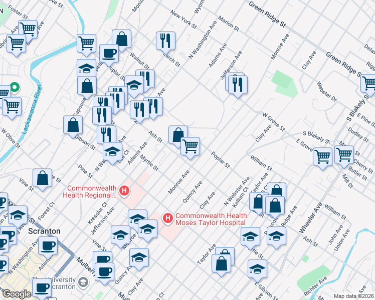 map of restaurants, bars, coffee shops, grocery stores, and more near 948 Madison Avenue in Scranton