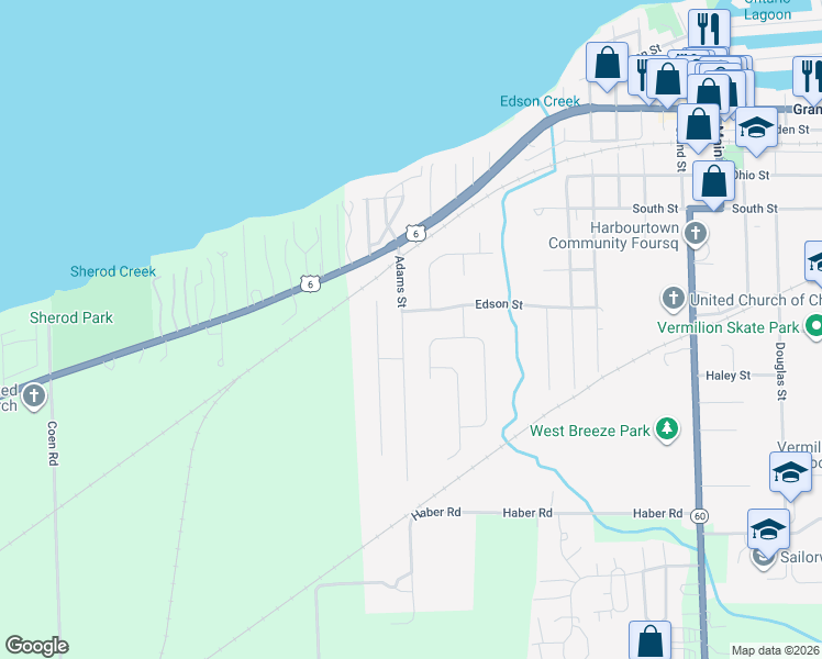 map of restaurants, bars, coffee shops, grocery stores, and more near 1048 Adams Street in Vermilion