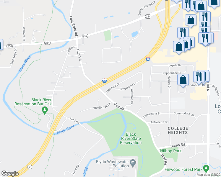 map of restaurants, bars, coffee shops, grocery stores, and more near 107 Hemlock Drive in Elyria