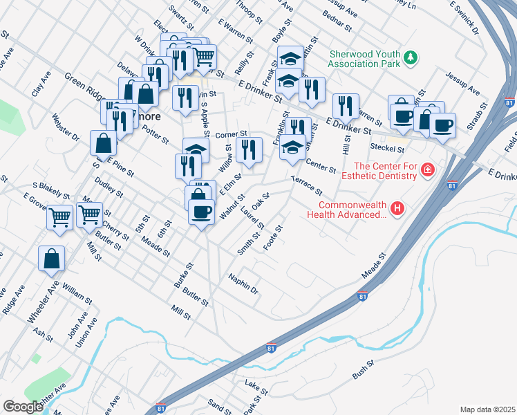 map of restaurants, bars, coffee shops, grocery stores, and more near 230 Oak Street in Dunmore