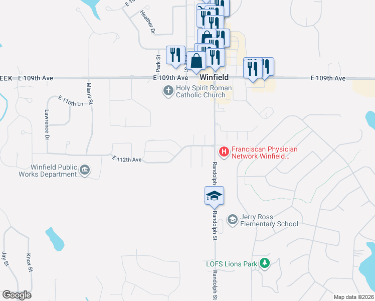 map of restaurants, bars, coffee shops, grocery stores, and more near 11224 Pike Place in Crown Point