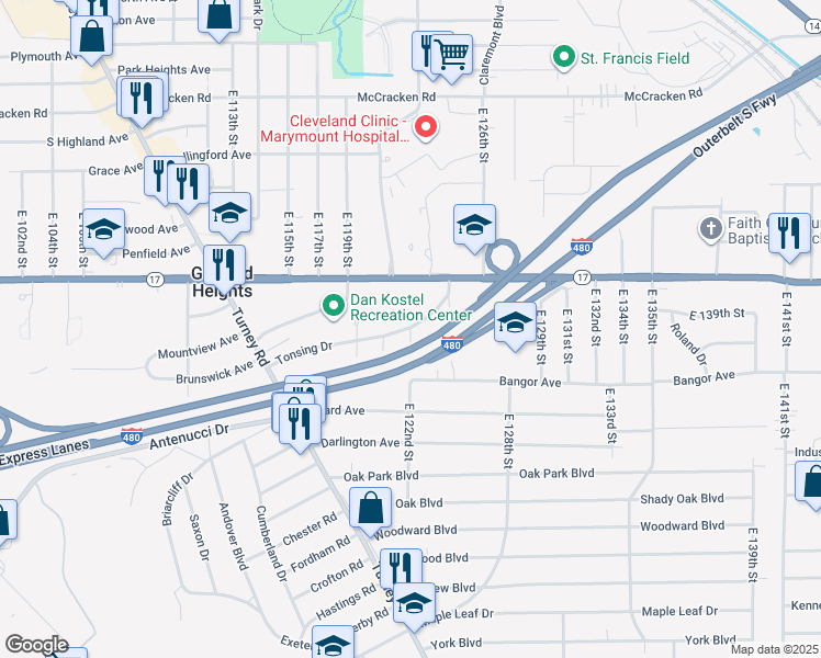 map of restaurants, bars, coffee shops, grocery stores, and more near 4260 East 122nd Street in Cleveland