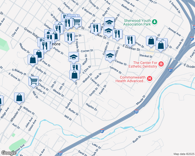 map of restaurants, bars, coffee shops, grocery stores, and more near 230 Oak Street in Dunmore