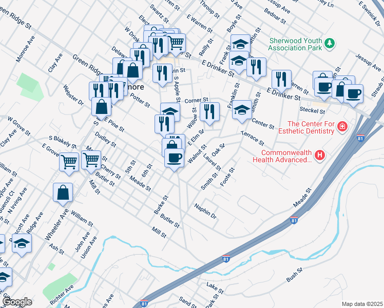 map of restaurants, bars, coffee shops, grocery stores, and more near 126 Walnut Street in Dunmore