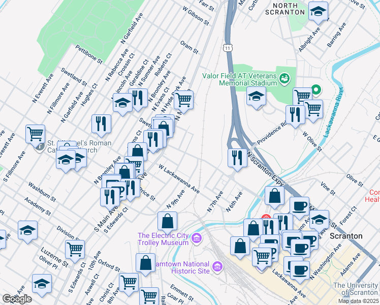 map of restaurants, bars, coffee shops, grocery stores, and more near 432-436 Saint Frances Cabrini Avenue in Scranton