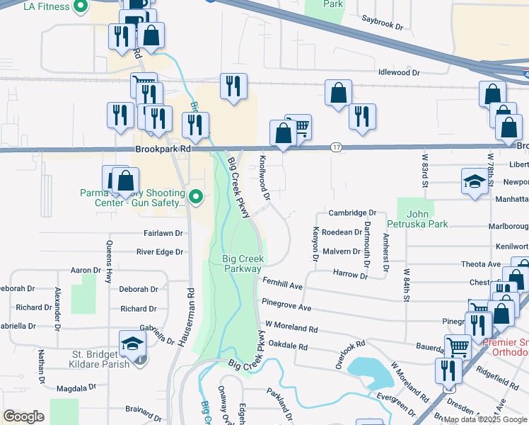 map of restaurants, bars, coffee shops, grocery stores, and more near 5346 Knollwood Drive in Parma