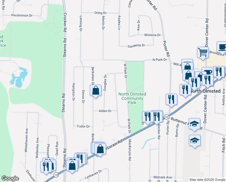 map of restaurants, bars, coffee shops, grocery stores, and more near 5139 Evergreen Drive in North Olmsted