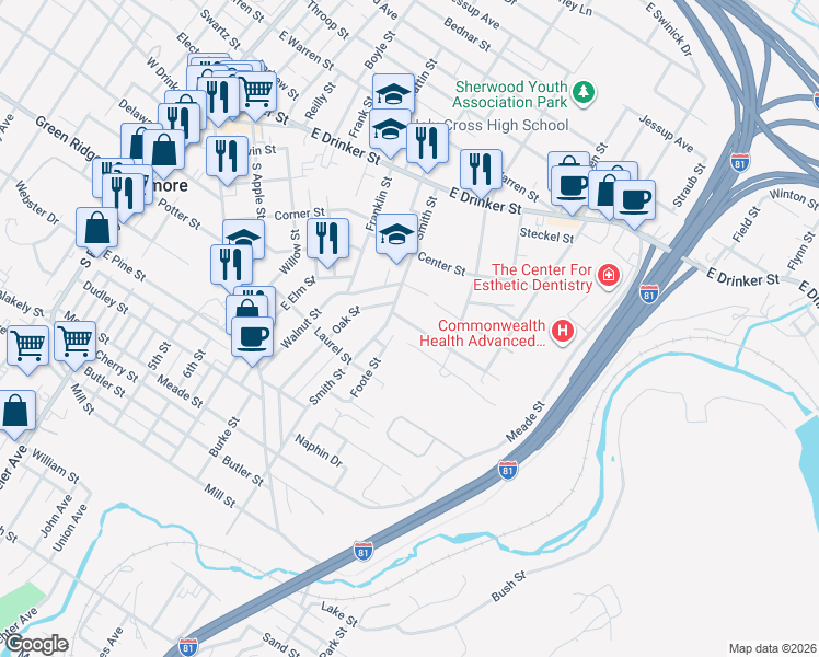 map of restaurants, bars, coffee shops, grocery stores, and more near 315 Foote Street in Dunmore