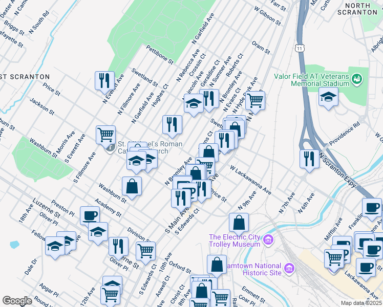 map of restaurants, bars, coffee shops, grocery stores, and more near 229 North Hyde Park Avenue in Scranton