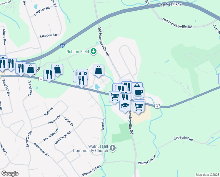 map of restaurants, bars, coffee shops, grocery stores, and more near 48 Stony Hill Road in Bethel