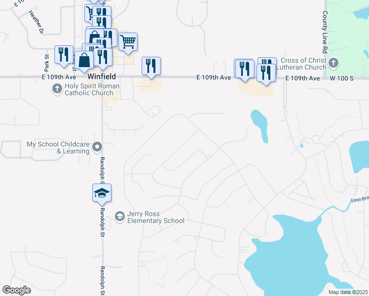 map of restaurants, bars, coffee shops, grocery stores, and more near 3730 Cherry Hill Dr in Crown Point