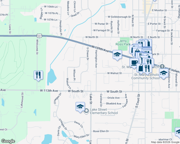 map of restaurants, bars, coffee shops, grocery stores, and more near 203 Harrington Avenue in Crown Point
