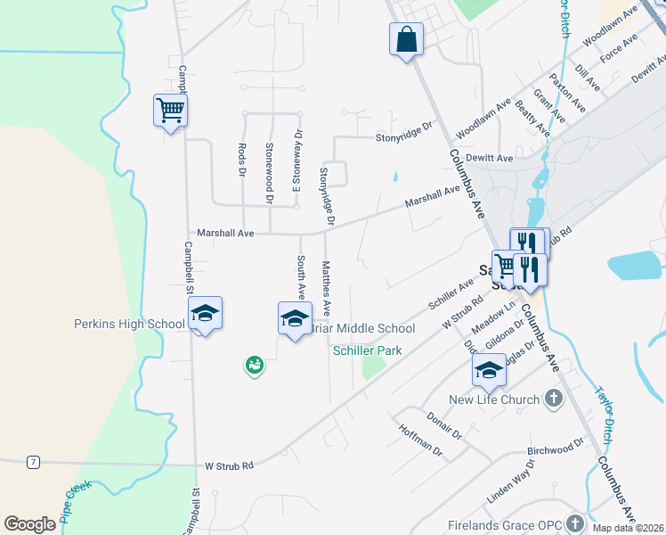 map of restaurants, bars, coffee shops, grocery stores, and more near 3613 Matthes Avenue in Sandusky