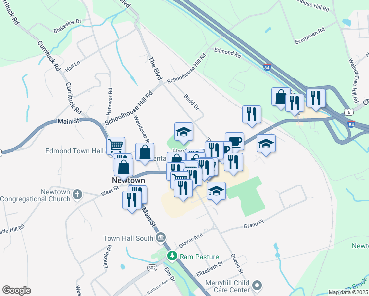map of restaurants, bars, coffee shops, grocery stores, and more near 29 Church Hill Road in Newtown
