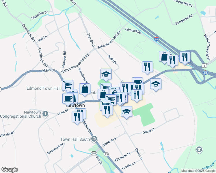 map of restaurants, bars, coffee shops, grocery stores, and more near 29 Church Hill Road in Newtown