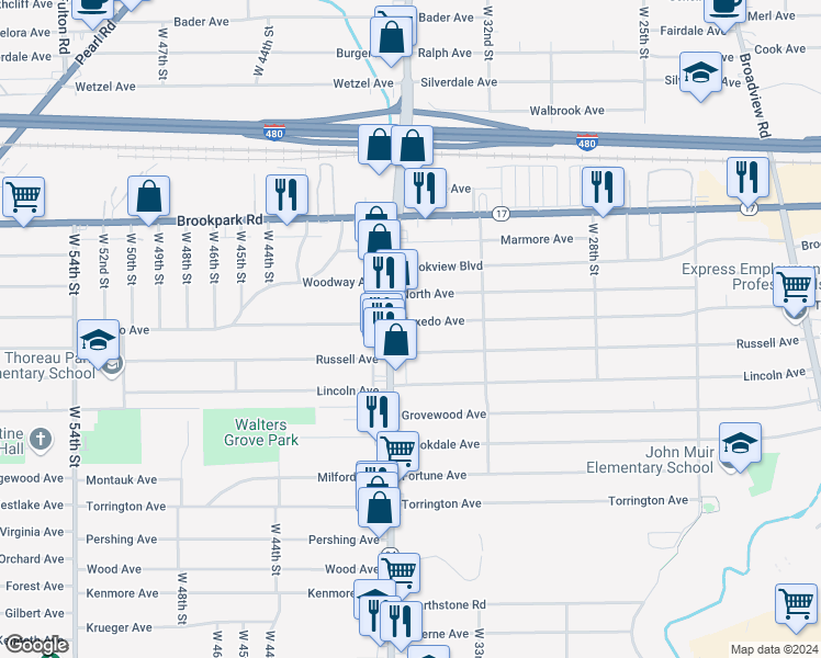 map of restaurants, bars, coffee shops, grocery stores, and more near 3439 Tuxedo Avenue in Parma