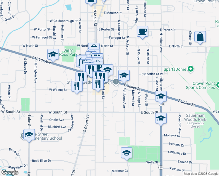 map of restaurants, bars, coffee shops, grocery stores, and more near 318 South East Street in Crown Point
