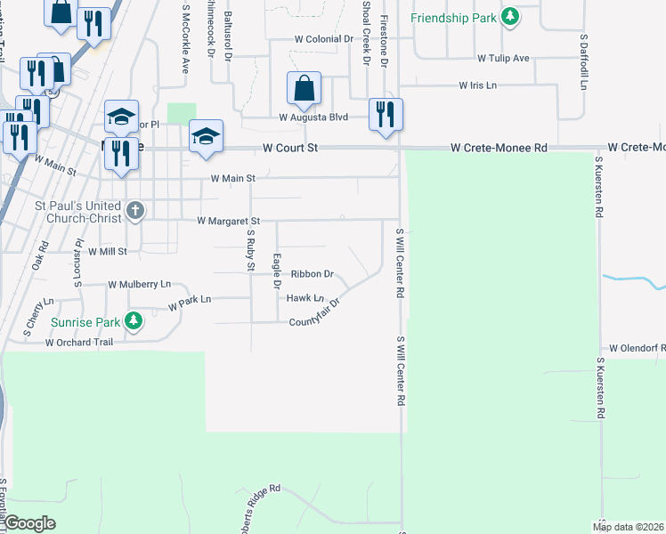 map of restaurants, bars, coffee shops, grocery stores, and more near 4963 Ribbon Drive in Monee