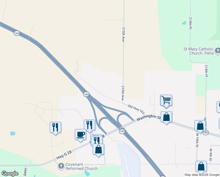 map of restaurants, bars, coffee shops, grocery stores, and more near 2415 Old Highway 163 in Pella