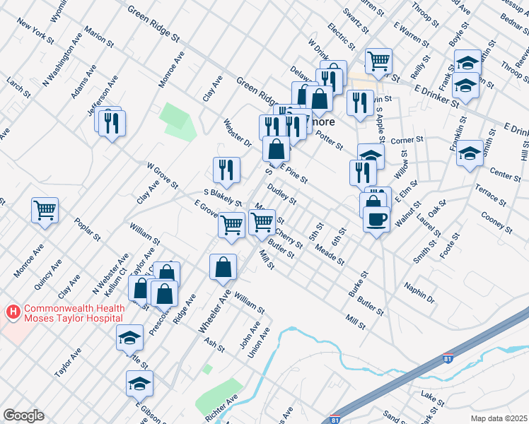map of restaurants, bars, coffee shops, grocery stores, and more near in Dunmore