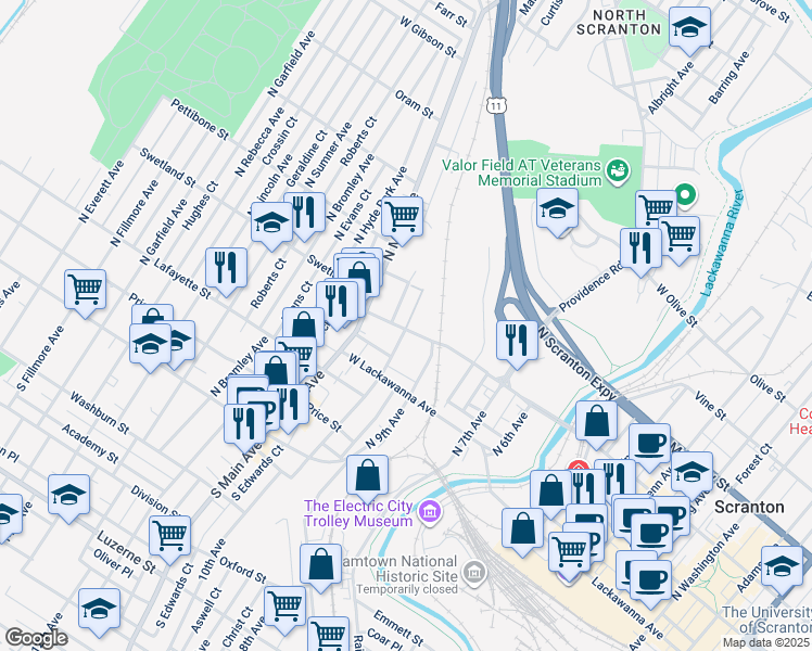 map of restaurants, bars, coffee shops, grocery stores, and more near 432-436 Saint Frances Cabrini Avenue in Scranton