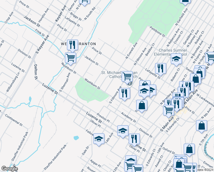 map of restaurants, bars, coffee shops, grocery stores, and more near 1818 Washburn Street in Scranton