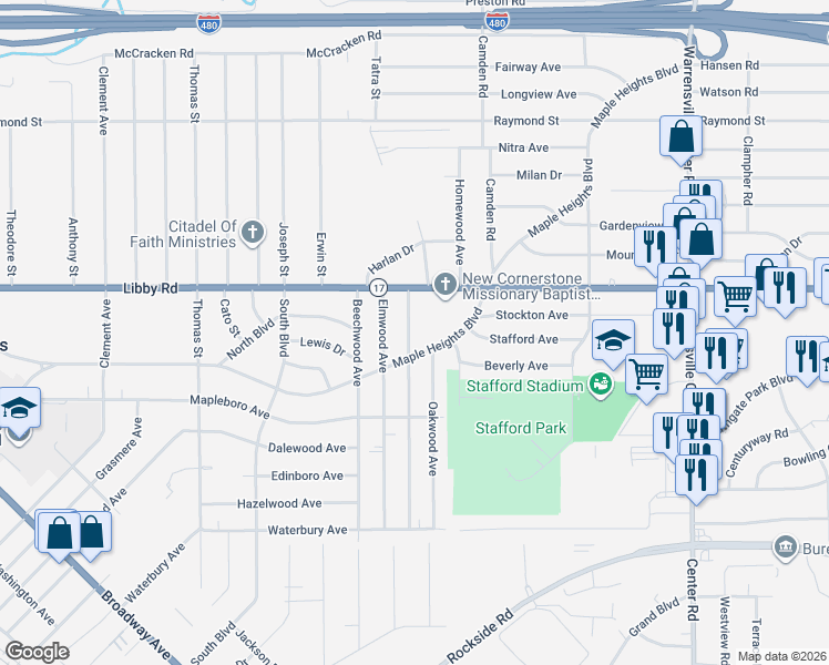 map of restaurants, bars, coffee shops, grocery stores, and more near 18908 Maple Heights Boulevard in Maple Heights
