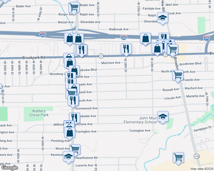 map of restaurants, bars, coffee shops, grocery stores, and more near 3011 Russell Avenue in Parma