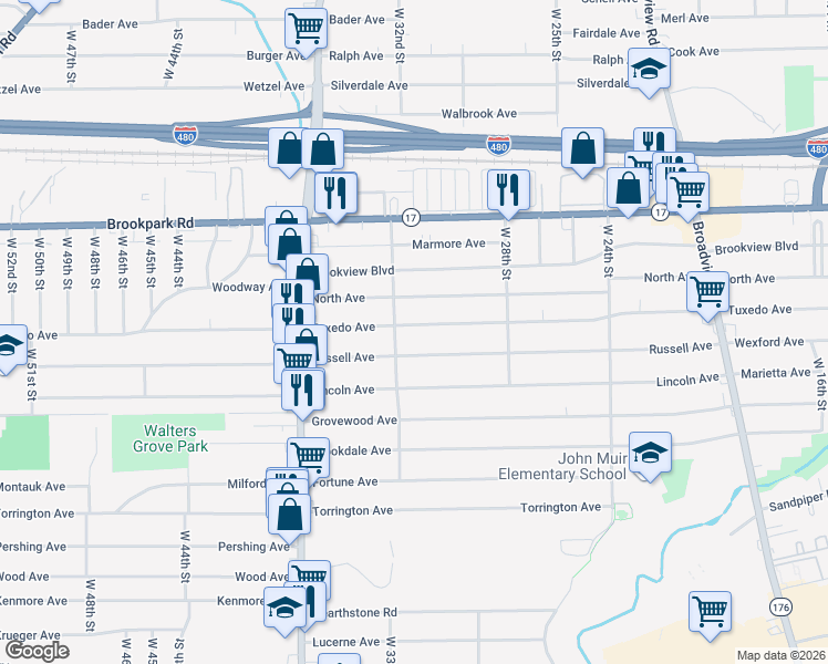 map of restaurants, bars, coffee shops, grocery stores, and more near 3201 Russell Avenue in Parma