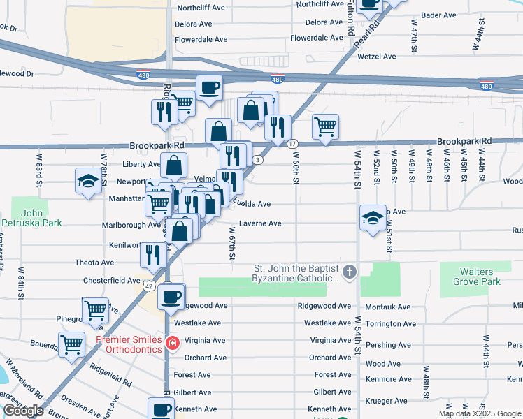 map of restaurants, bars, coffee shops, grocery stores, and more near 6407 Laverne Avenue in Parma