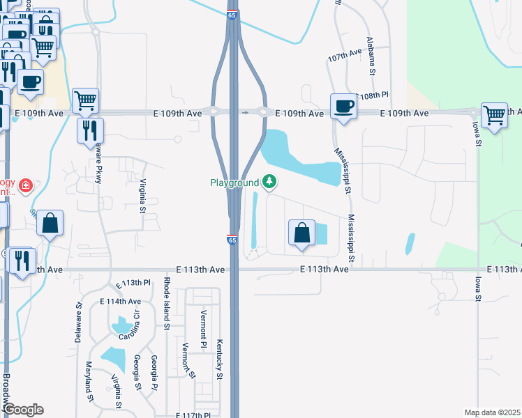 map of restaurants, bars, coffee shops, grocery stores, and more near 11123 Tennessee Street in Crown Point