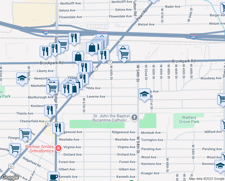 map of restaurants, bars, coffee shops, grocery stores, and more near 5815 Laverne Avenue in Parma