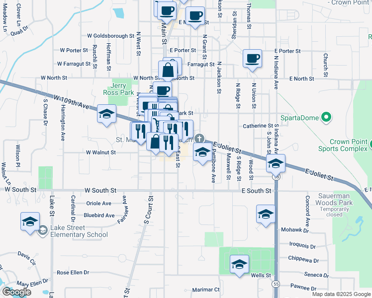 map of restaurants, bars, coffee shops, grocery stores, and more near 1288 South Indiana Avenue in Crown Point