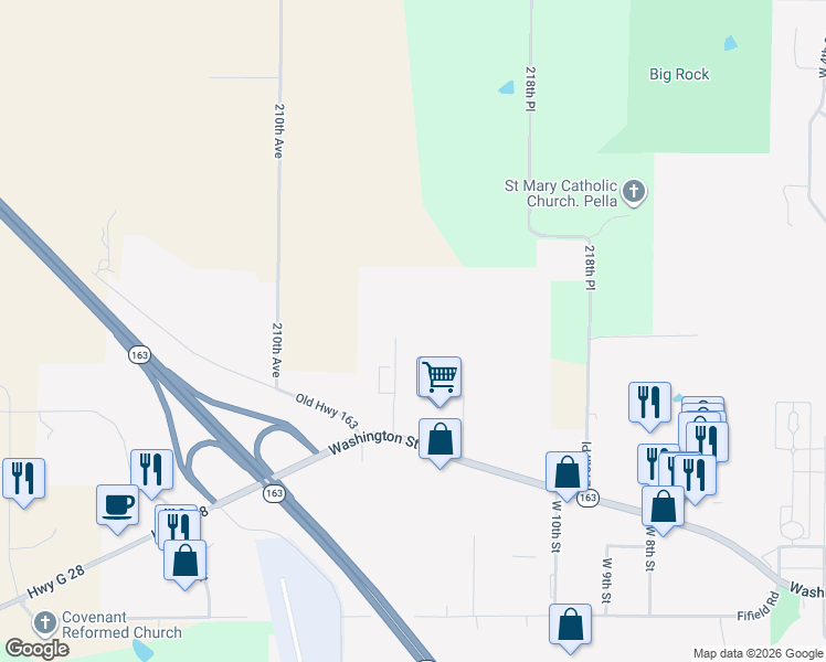 map of restaurants, bars, coffee shops, grocery stores, and more near 1301 West 12th Street in Pella