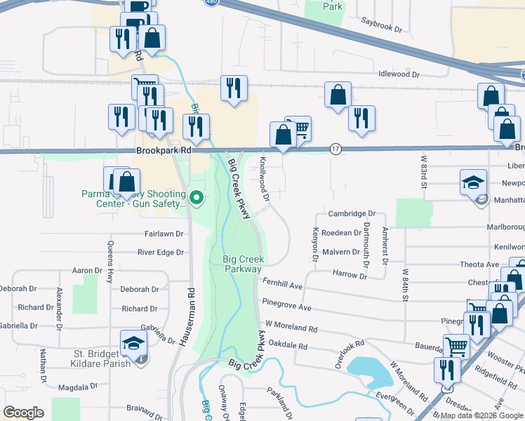 map of restaurants, bars, coffee shops, grocery stores, and more near 9754 Westview Drive in Parma