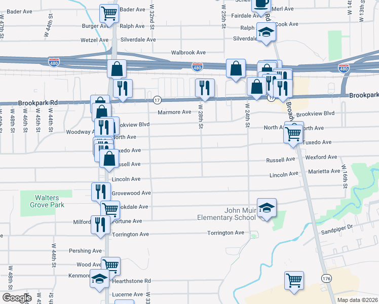 map of restaurants, bars, coffee shops, grocery stores, and more near 2827 Tuxedo Avenue in Parma