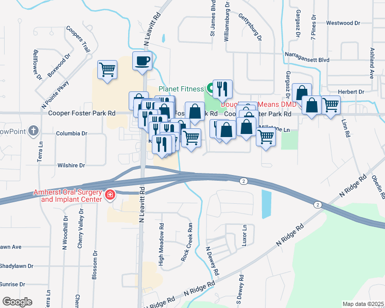 map of restaurants, bars, coffee shops, grocery stores, and more near 2201 Kresge Drive in Amherst